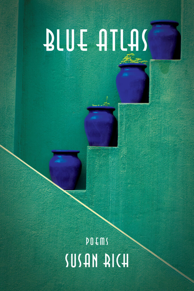 Cover of Blue Atlas: A deep blue-green colored staircase is shown in a side profile view, with four cobalt blue colored vases or jugs positioned on each stair.
